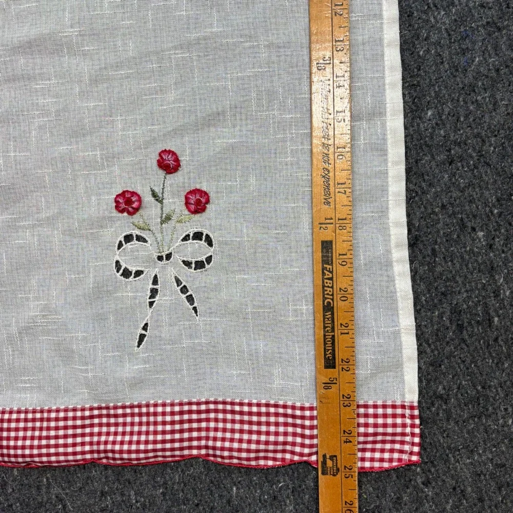 Vintage Kitchen Cafe Curtain Red Gingham White Floral Embroidery Boho Farmhouse